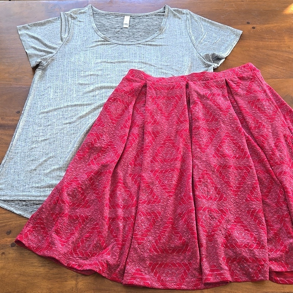 LulaRoe Madison Skirt in Red and Silver Size Large and Silver Shirt XL Bundle